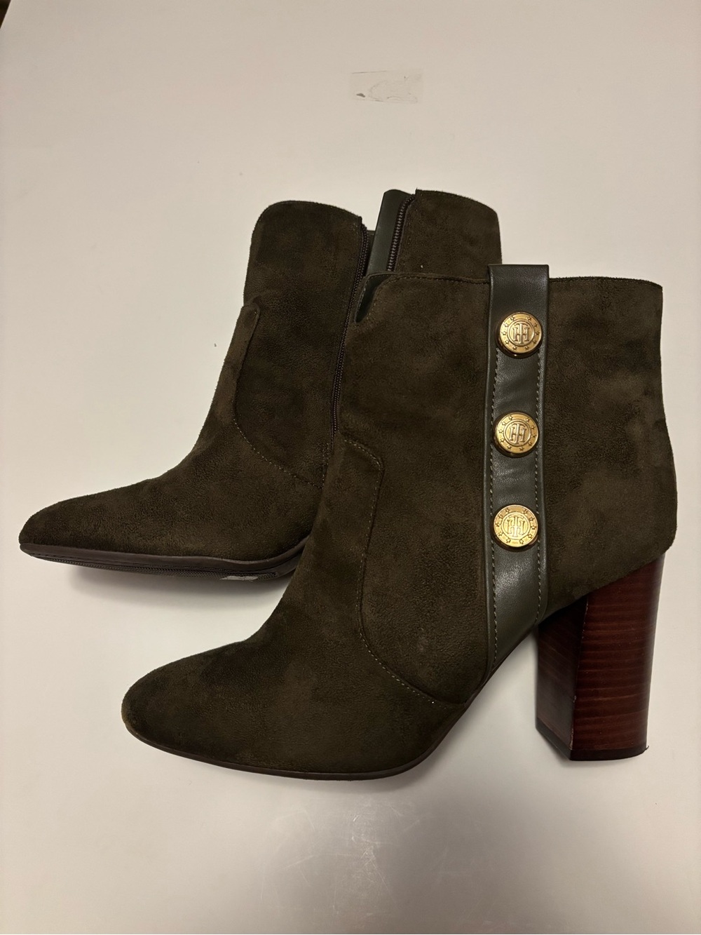 Tommy Hilfiger Olive Suede Ankle Boots with Decorative Gold Buttons